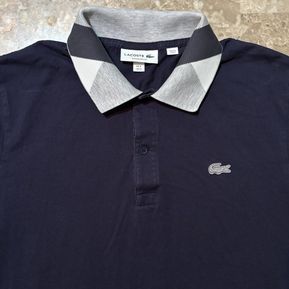 Lacoste Polo Shirt Mens Medium Blue Short Sleeve Jersey Cotton Plaid Trim Ringer